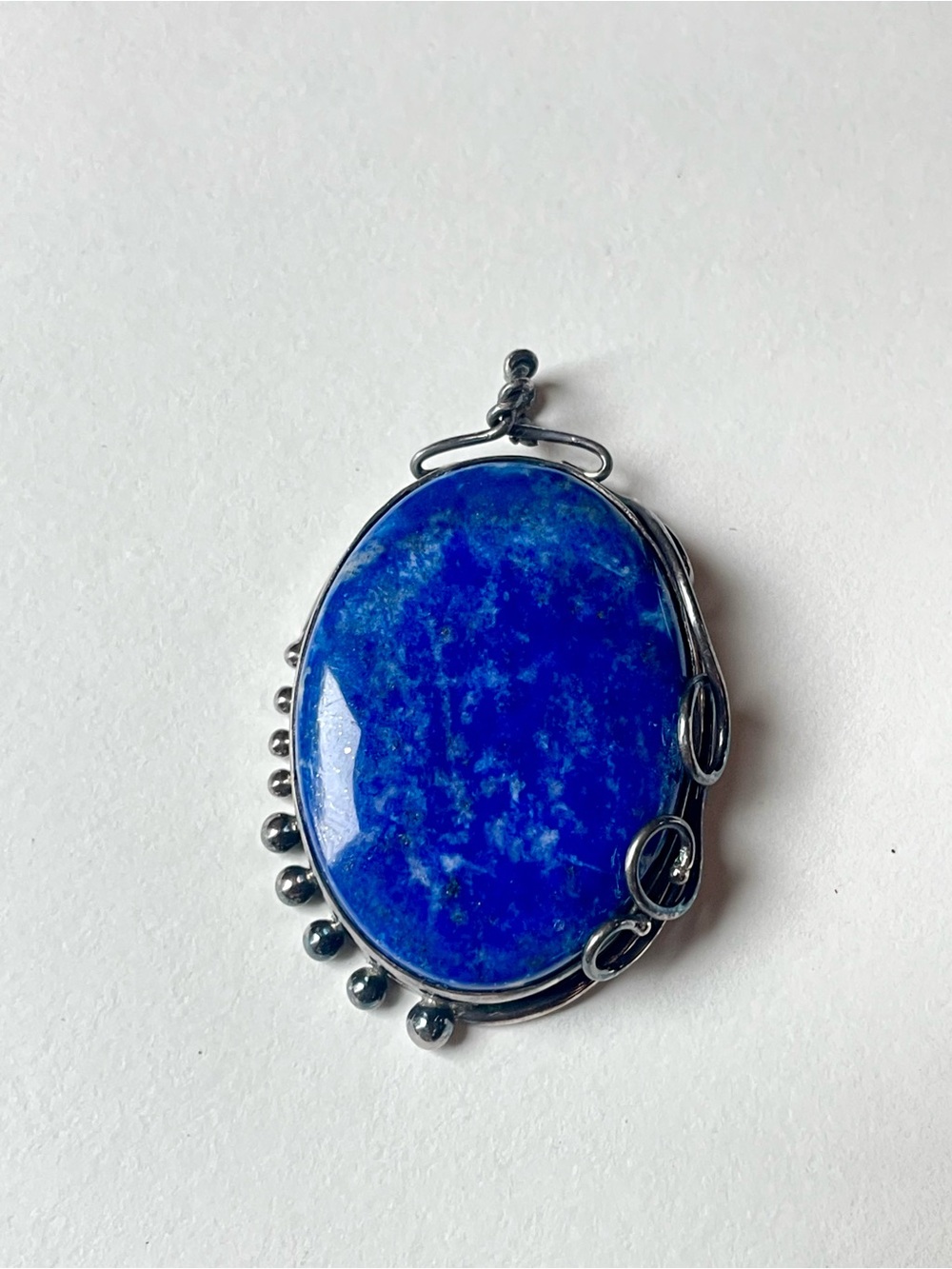Vintage 925 Sterling Silver Large Lapis Lazuli Asymmetrical Wire Swirl Pendant